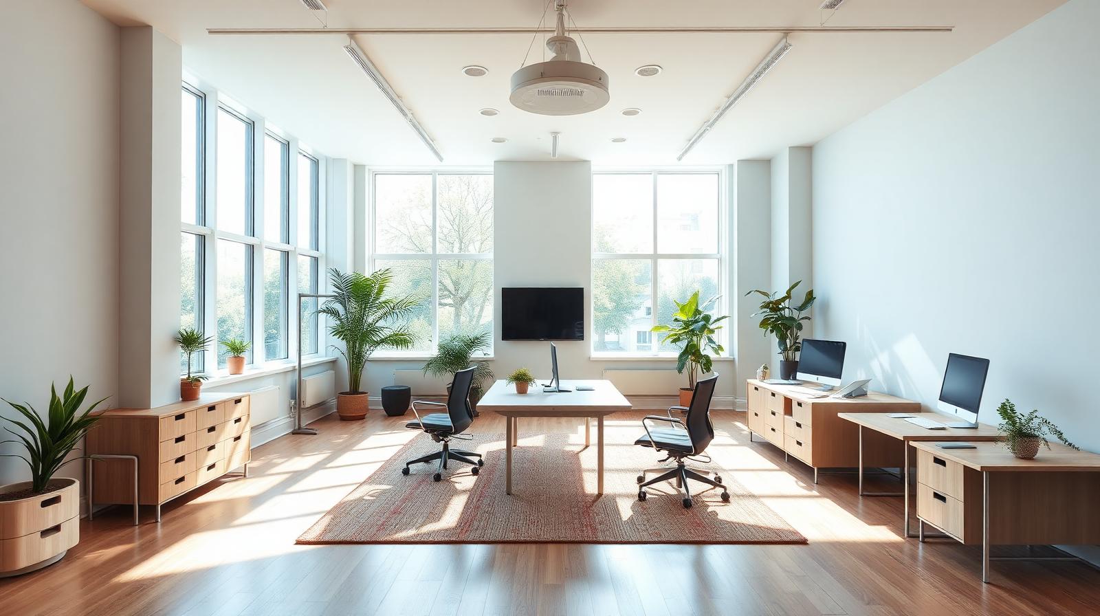 Bright renovated office with fresh air and plants